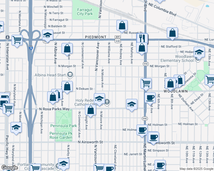 map of restaurants, bars, coffee shops, grocery stores, and more near 6933 North Williams Avenue in Portland