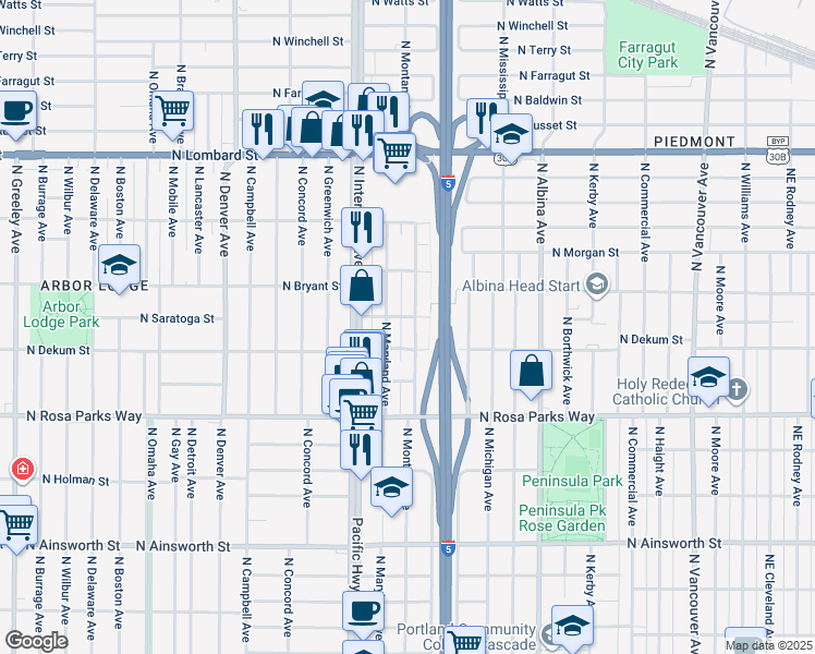 map of restaurants, bars, coffee shops, grocery stores, and more near 1331 North Saratoga Street in Portland