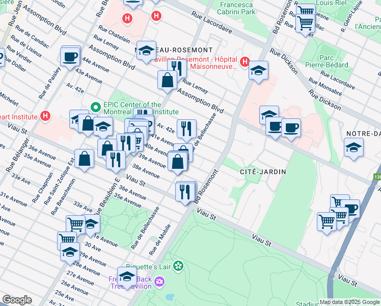 map of restaurants, bars, coffee shops, grocery stores, and more near 5195 Bellechasse Street in Montreal