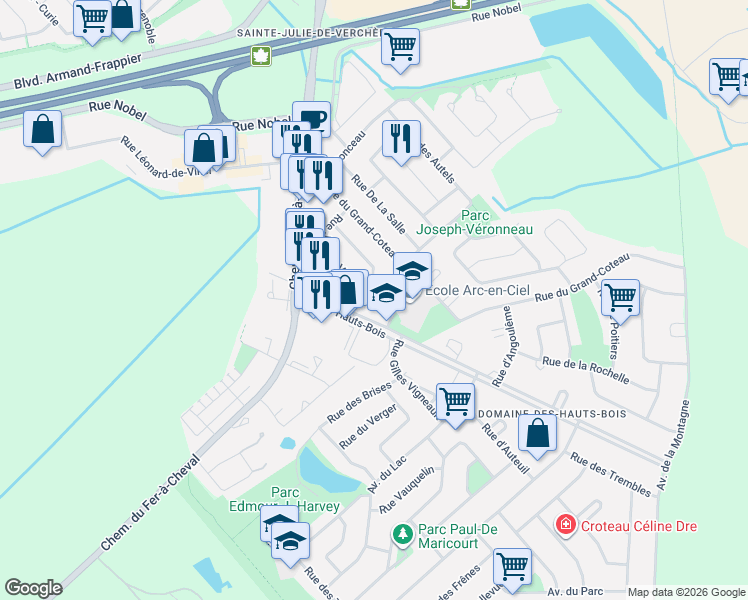 map of restaurants, bars, coffee shops, grocery stores, and more near 83 Rue Joseph-Véronneau in Sainte-Julie