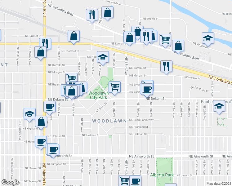 map of restaurants, bars, coffee shops, grocery stores, and more near 6888 Northeast 13th Avenue in Portland