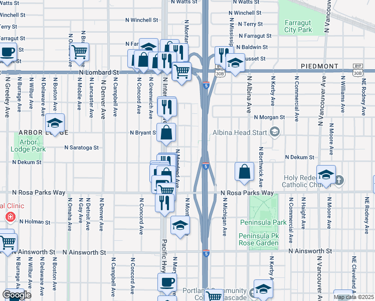 map of restaurants, bars, coffee shops, grocery stores, and more near 1331 North Saratoga Street in Portland