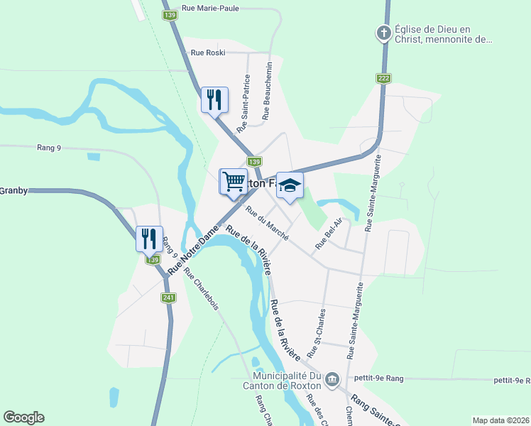 map of restaurants, bars, coffee shops, grocery stores, and more near 247 Rue Versailles in Roxton Falls