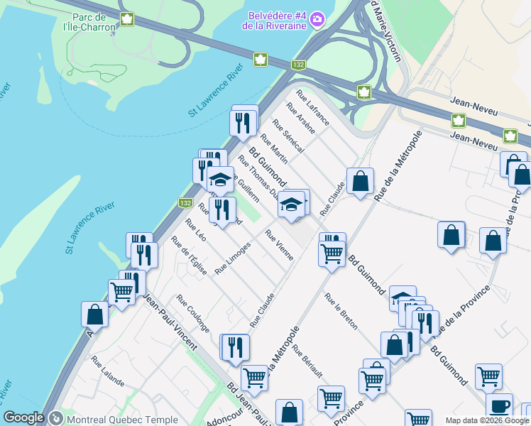 map of restaurants, bars, coffee shops, grocery stores, and more near 154 Rue Guillerm in Longueuil