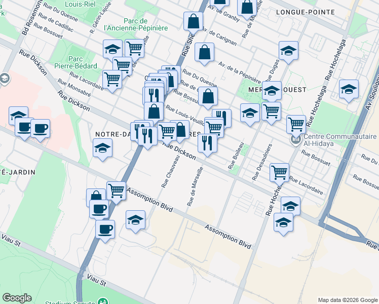 map of restaurants, bars, coffee shops, grocery stores, and more near 3079 Rue Dickson in Montréal