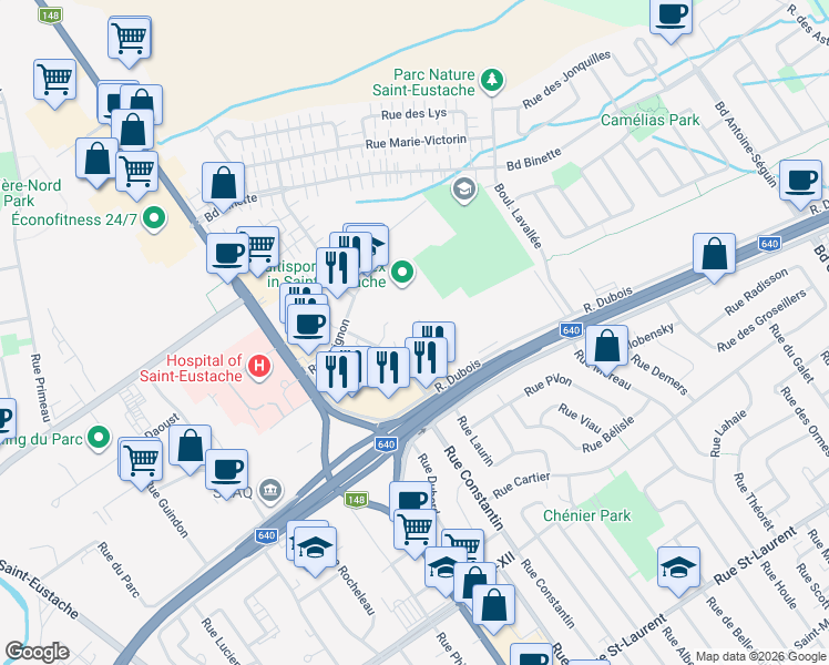 map of restaurants, bars, coffee shops, grocery stores, and more near 108 Rue Dubois in Saint-Eustache