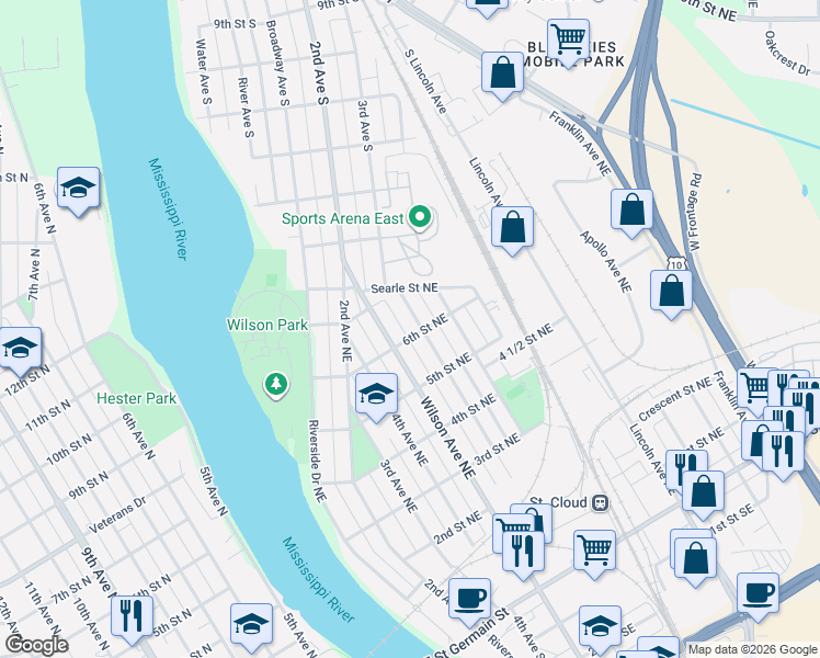 map of restaurants, bars, coffee shops, grocery stores, and more near 621 5th Avenue Northeast in St. Cloud