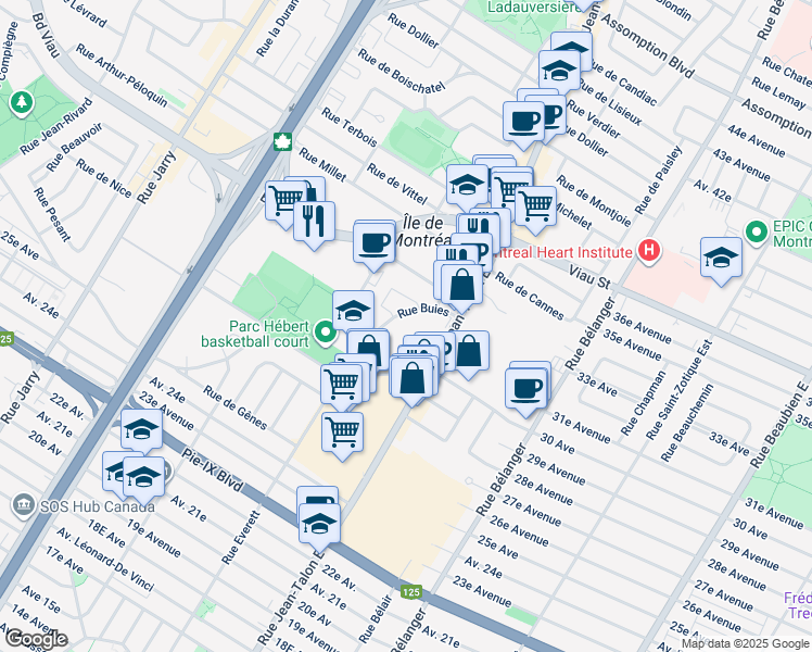 map of restaurants, bars, coffee shops, grocery stores, and more near in Montreal