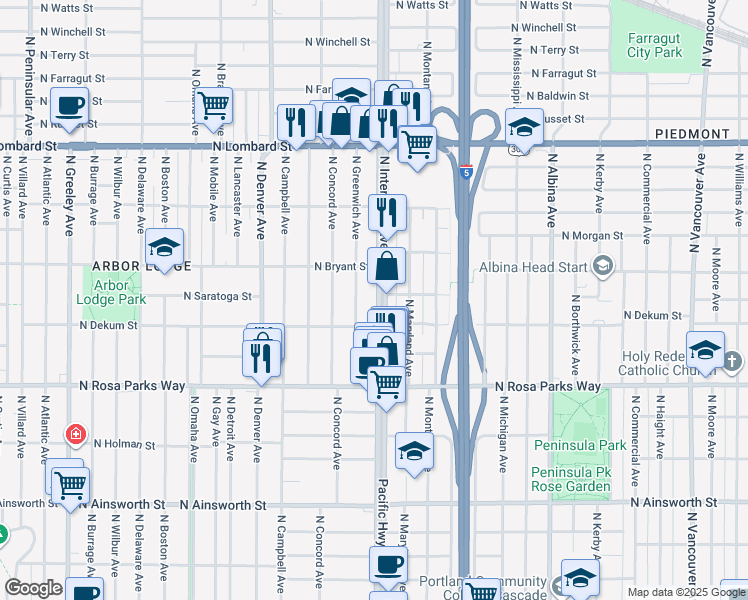 map of restaurants, bars, coffee shops, grocery stores, and more near 6912 North Interstate Avenue in Portland