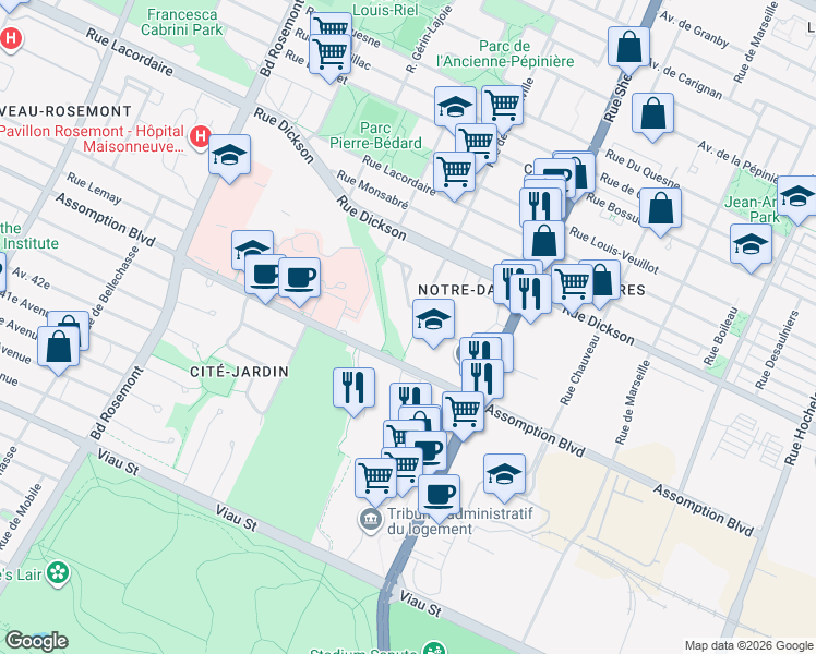 map of restaurants, bars, coffee shops, grocery stores, and more near 5500 Place de Jumonville in Montréal