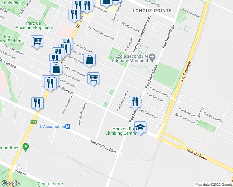 map of restaurants, bars, coffee shops, grocery stores, and more near 5832 Avenue Pierre-de Coubertin in Montréal