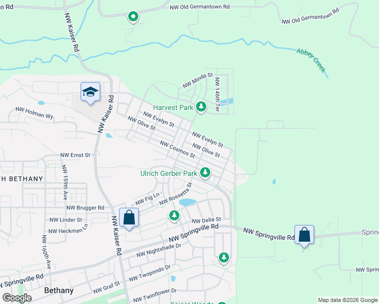 map of restaurants, bars, coffee shops, grocery stores, and more near 14954 Northwest Olive Street in Portland