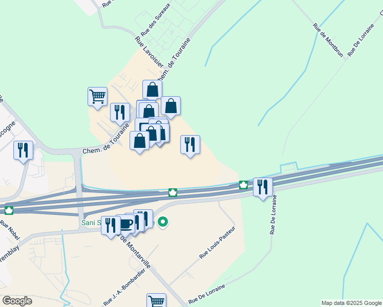 map of restaurants, bars, coffee shops, grocery stores, and more near 586 Chemin de Touraine in Boucherville
