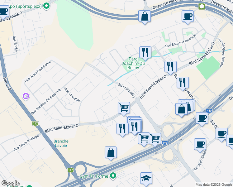 map of restaurants, bars, coffee shops, grocery stores, and more near 3411 Rue Elsa-Triolet in Laval