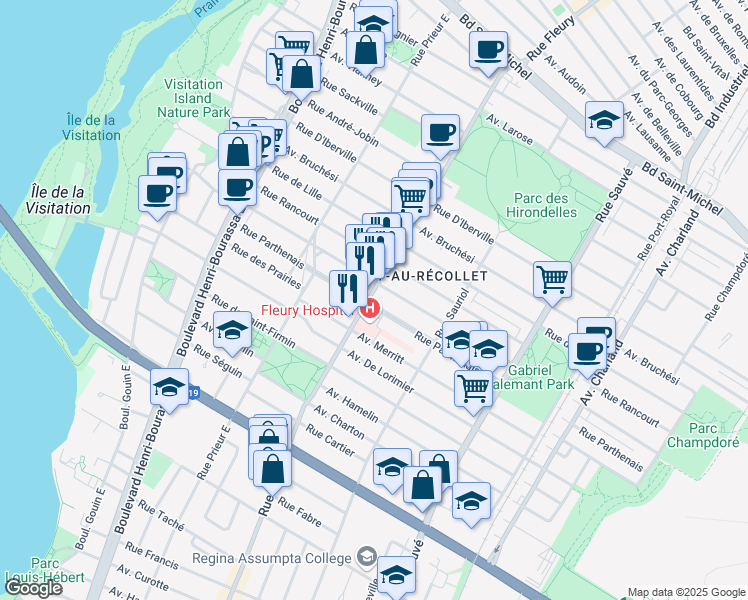 map of restaurants, bars, coffee shops, grocery stores, and more near 2222 Rue Fleury Est in Montréal