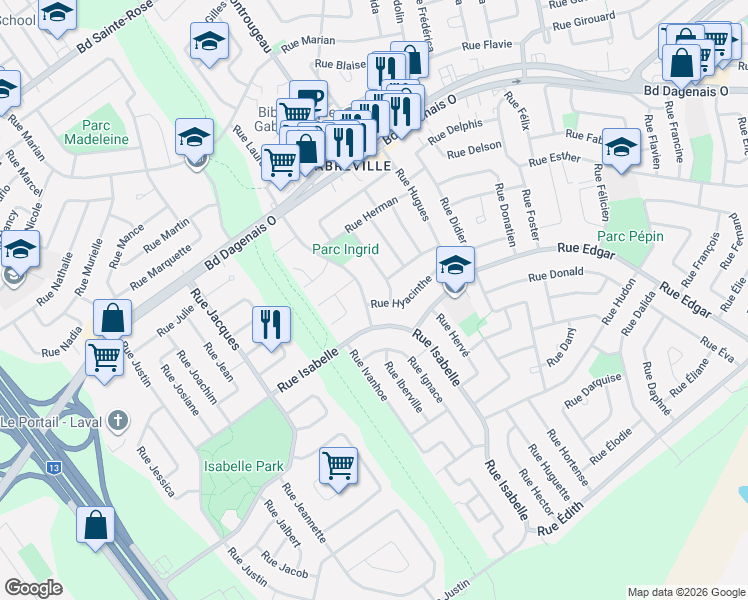 map of restaurants, bars, coffee shops, grocery stores, and more near 3567 Rue Hyacinthe in Laval