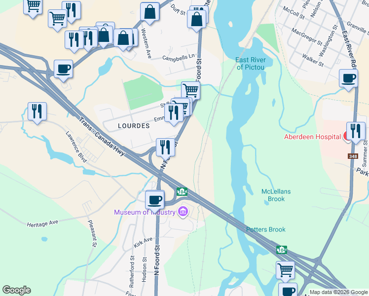 map of restaurants, bars, coffee shops, grocery stores, and more near 123 South Foord Street in Stellarton
