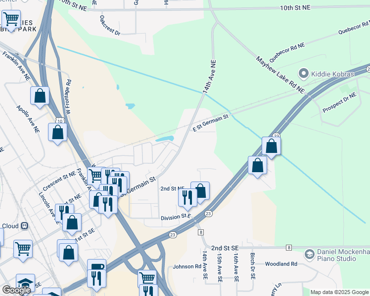map of restaurants, bars, coffee shops, grocery stores, and more near 1570 East Saint Germain Street in St. Cloud