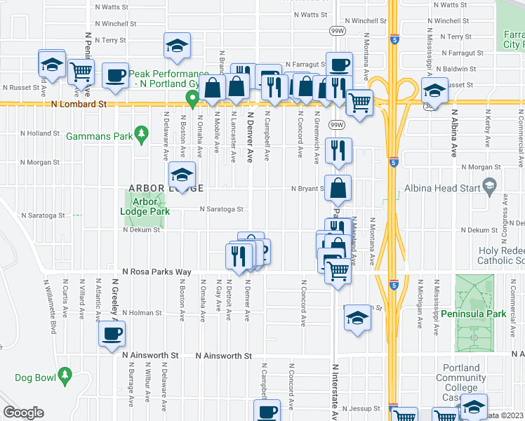 map of restaurants, bars, coffee shops, grocery stores, and more near 6855 North Campbell Avenue in Portland