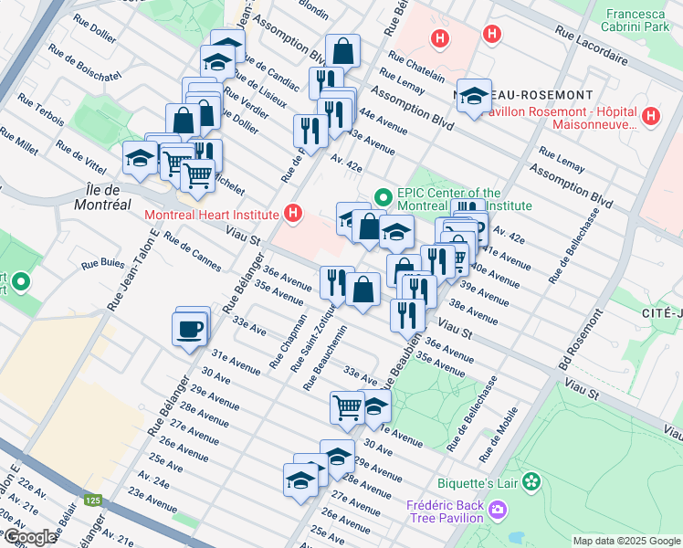 map of restaurants, bars, coffee shops, grocery stores, and more near 6705 Viau Street in Montreal