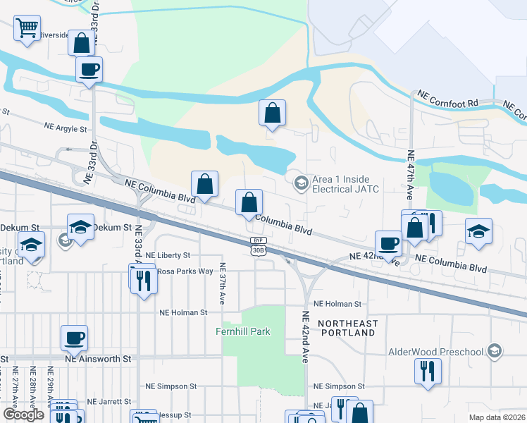 map of restaurants, bars, coffee shops, grocery stores, and more near 3829 Northeast Columbia Boulevard in Portland