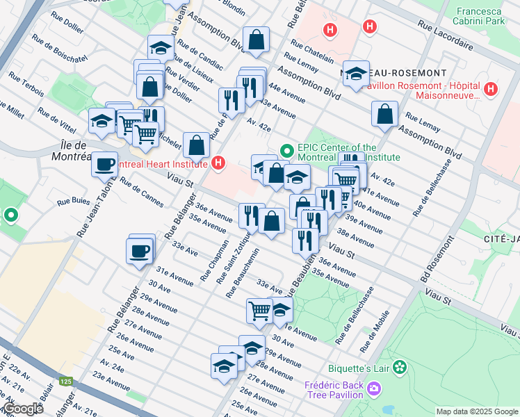 map of restaurants, bars, coffee shops, grocery stores, and more near 6701 Rue Viau in Montréal