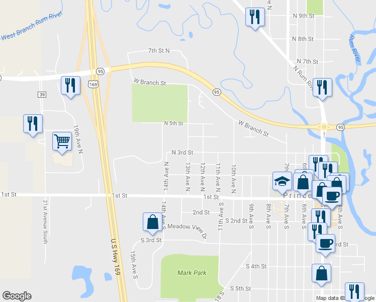 map of restaurants, bars, coffee shops, grocery stores, and more near 303 13th Avenue North in Princeton