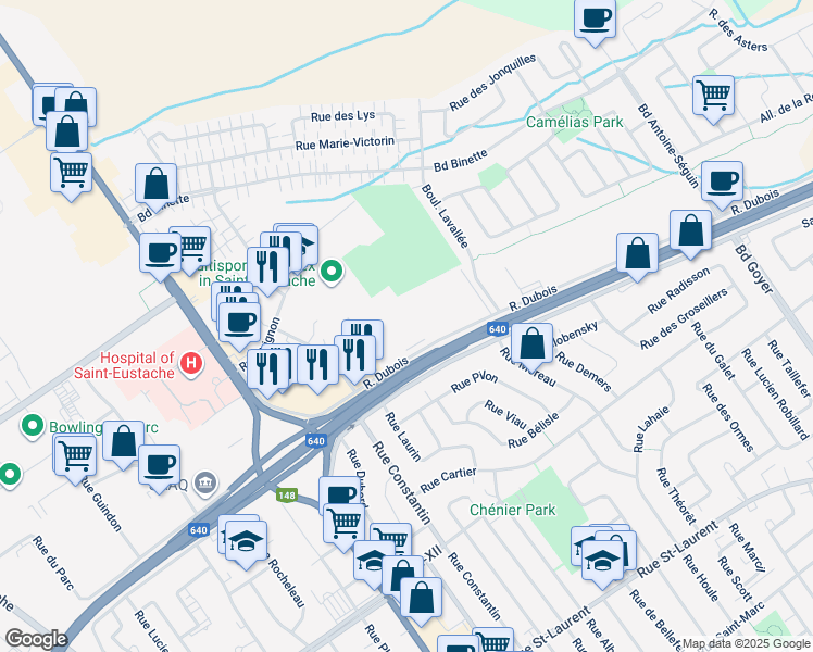 map of restaurants, bars, coffee shops, grocery stores, and more near 120 Rue Dubois in Saint-Eustache