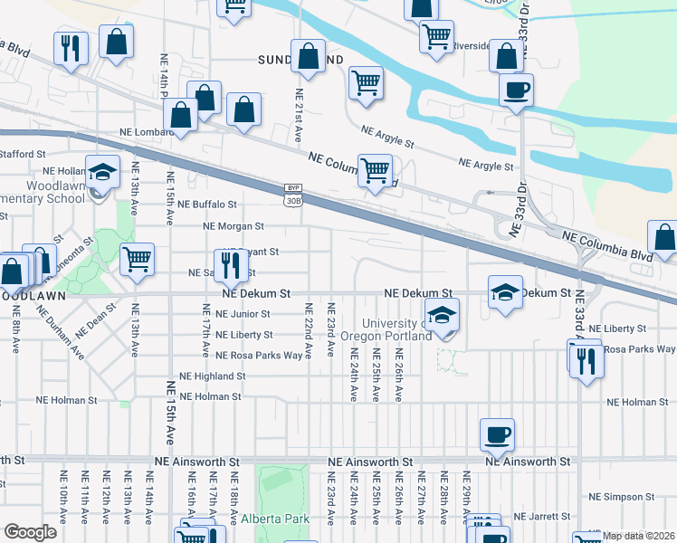 map of restaurants, bars, coffee shops, grocery stores, and more near 2417 Northeast Saratoga Street in Portland