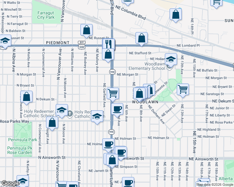 map of restaurants, bars, coffee shops, grocery stores, and more near 6936 Northeast Martin Luther King Junior Boulevard in Portland