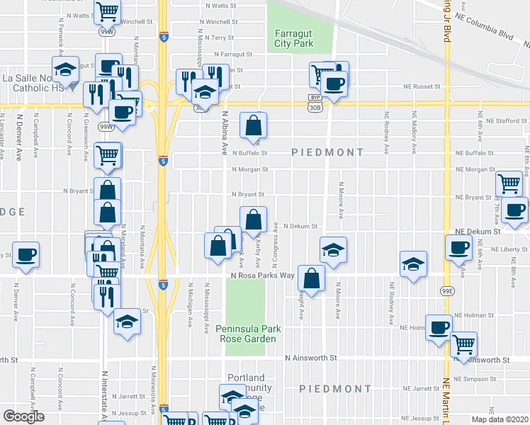 map of restaurants, bars, coffee shops, grocery stores, and more near 6945 North Kerby Avenue in Portland