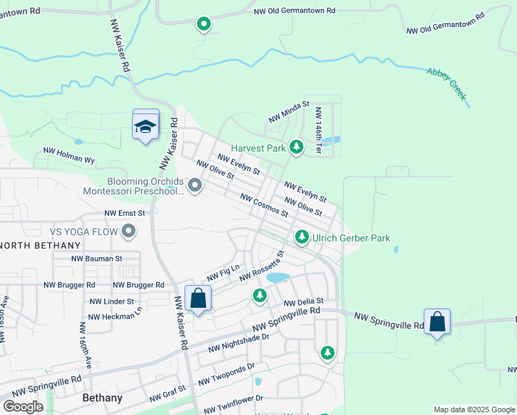 map of restaurants, bars, coffee shops, grocery stores, and more near 15043 Northwest Cosmos Street in Portland