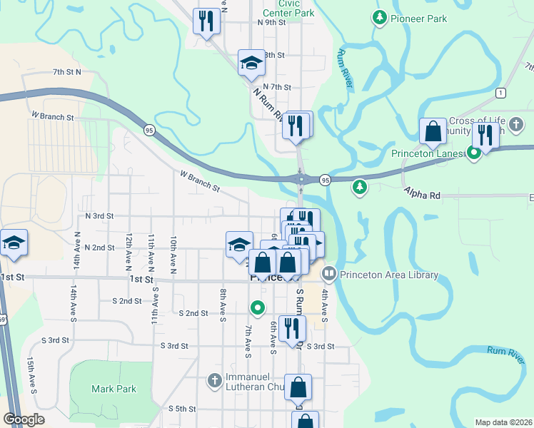 map of restaurants, bars, coffee shops, grocery stores, and more near 604 North 3rd Street in Princeton
