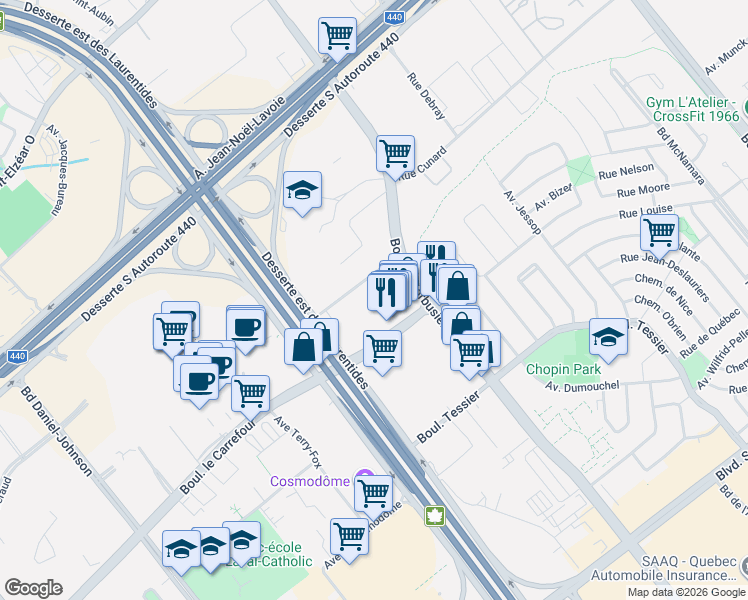 map of restaurants, bars, coffee shops, grocery stores, and more near 2279 Autoroute des Laurentides in Laval
