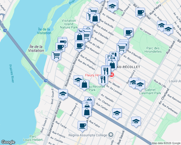 map of restaurants, bars, coffee shops, grocery stores, and more near 10537 Avenue De Lorimier in Montréal