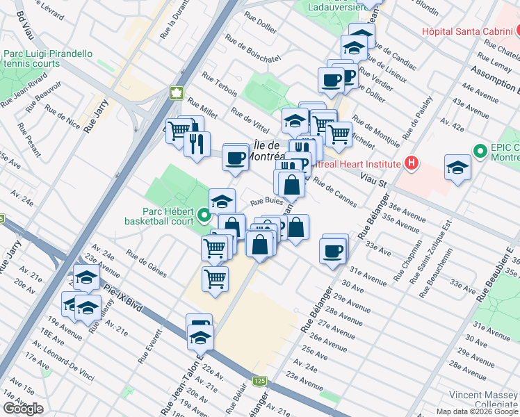 map of restaurants, bars, coffee shops, grocery stores, and more near in Montreal
