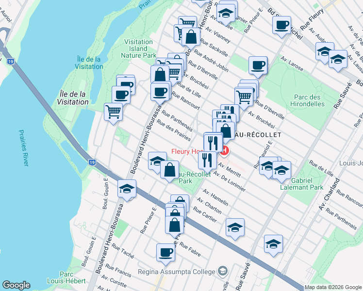 map of restaurants, bars, coffee shops, grocery stores, and more near 10537 Avenue De Lorimier in Montréal