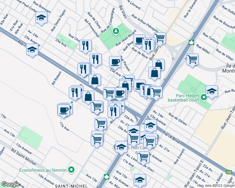 map of restaurants, bars, coffee shops, grocery stores, and more near 8165 23e Avenue in Montreal