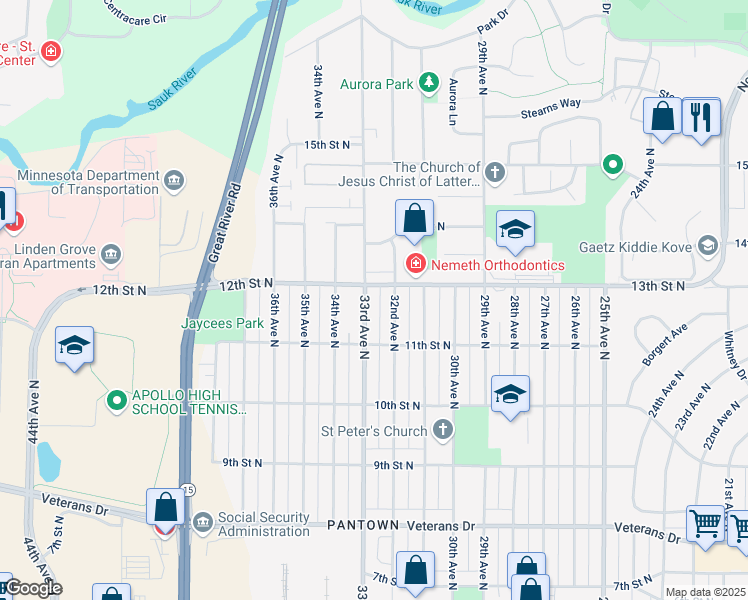 map of restaurants, bars, coffee shops, grocery stores, and more near 3200 12th Street North in St. Cloud