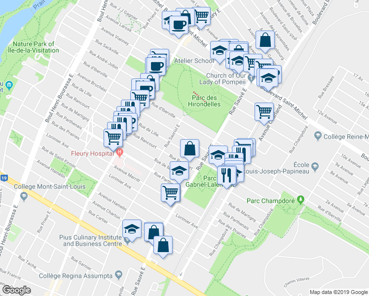 map of restaurants, bars, coffee shops, grocery stores, and more near 9975 Rue de Lille in Montréal