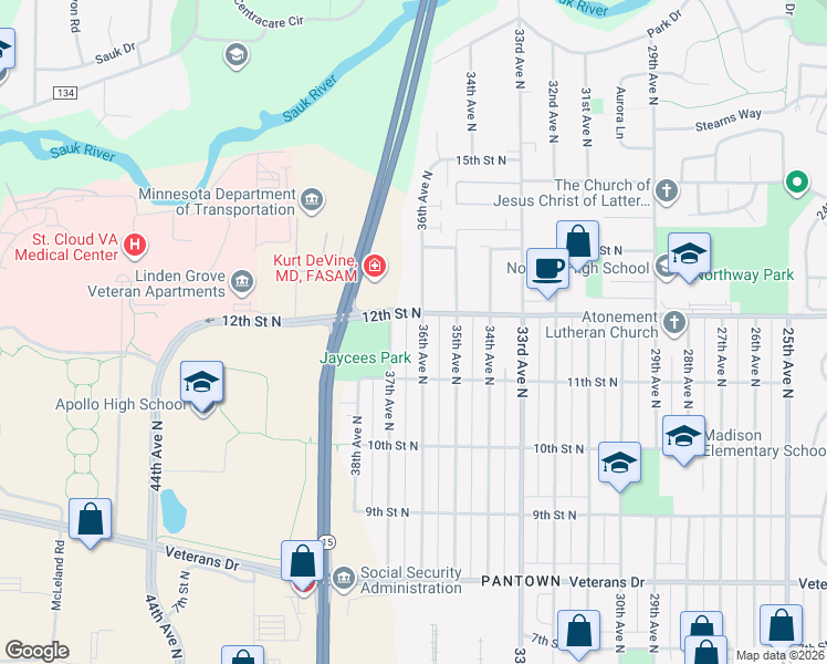 map of restaurants, bars, coffee shops, grocery stores, and more near 1150 37th Avenue North in St. Cloud