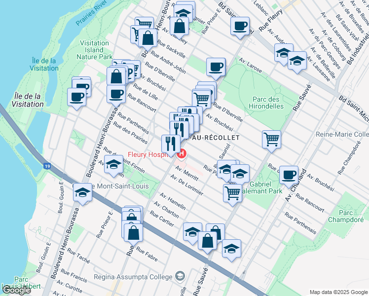 map of restaurants, bars, coffee shops, grocery stores, and more near 2222 Rue Fleury Est in Montréal