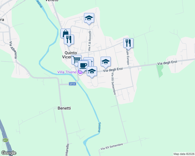 map of restaurants, bars, coffee shops, grocery stores, and more near 1 Via Monte Pasubio in Quinto Vicentino