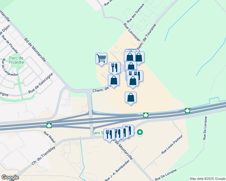 map of restaurants, bars, coffee shops, grocery stores, and more near 582 Chemin de Touraine in Boucherville