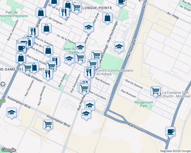 map of restaurants, bars, coffee shops, grocery stores, and more near 5960 Rue Hochelaga in Montréal
