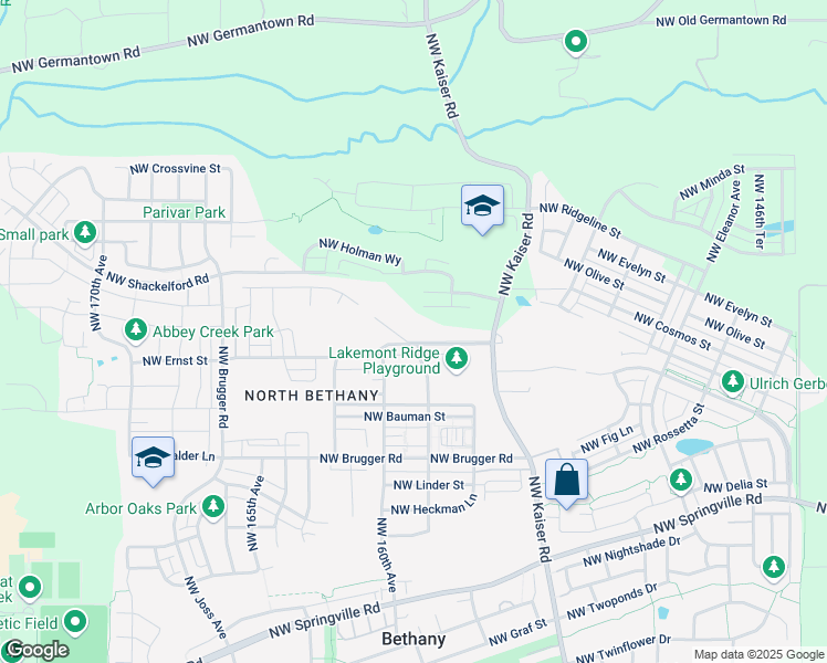 map of restaurants, bars, coffee shops, grocery stores, and more near 7325 Northwest Kaiser Road in Portland