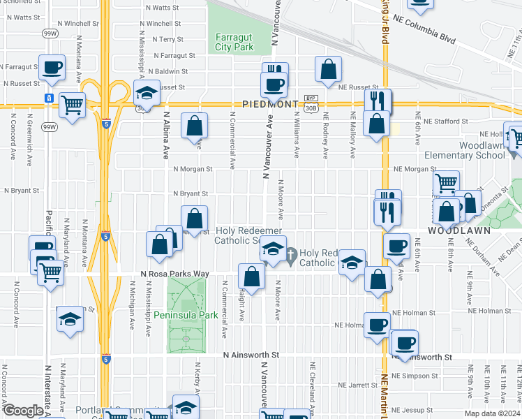 map of restaurants, bars, coffee shops, grocery stores, and more near 6920 North Vancouver Avenue in Portland