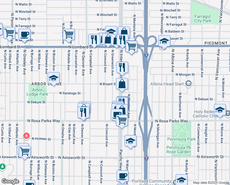 map of restaurants, bars, coffee shops, grocery stores, and more near 6925 North Greenwich Avenue in Portland