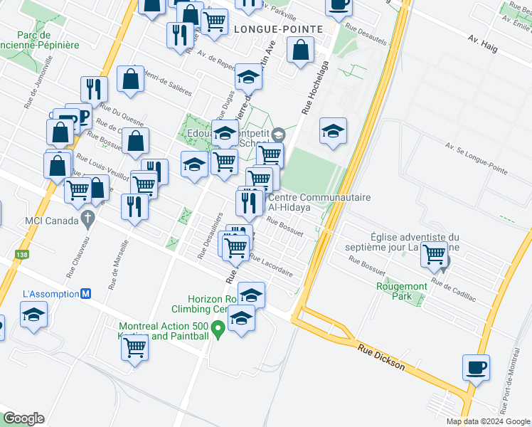 map of restaurants, bars, coffee shops, grocery stores, and more near 5960 Rue Hochelaga in Montréal