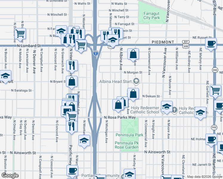 map of restaurants, bars, coffee shops, grocery stores, and more near 6919 North Mississippi Avenue in Portland